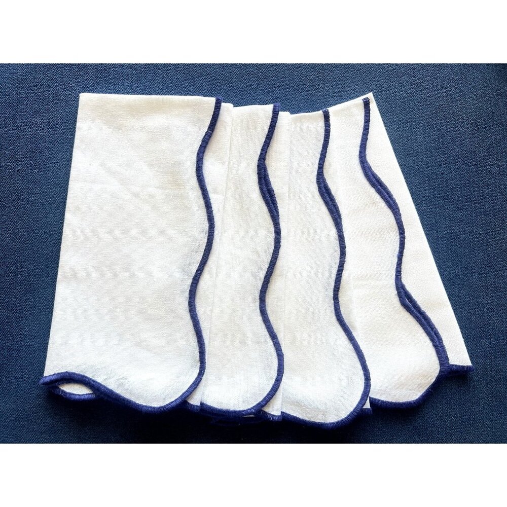 Set 4 Scalloped Edge 100% Cotton Napkins Navy Blue Embroidery  Edge Table Linens